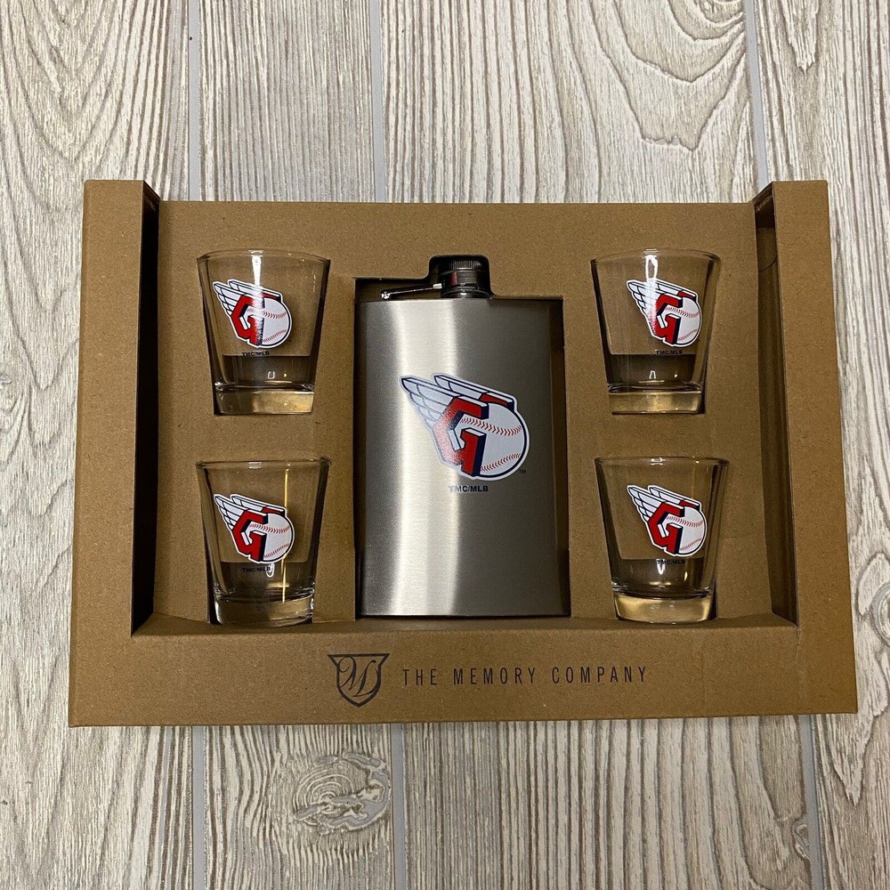 Cleveland Guardians Logo Stainless Steel Flask and 4 Shot Glass Gift Set MLB New